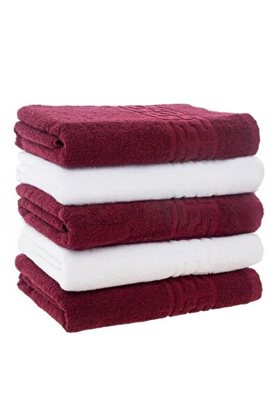 OEM Set 5 face towels, Cotton, Bi-Color, Greek Border, 500g/m², 50x90cm, Bordeaux-White