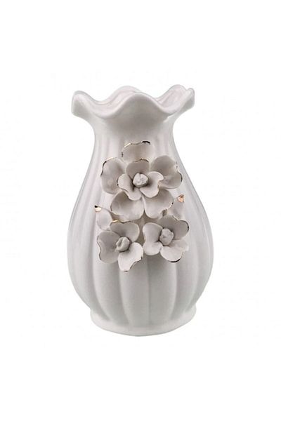 OEM Ceramic vase with wavy opening and embossed white flowers 9x14 cm