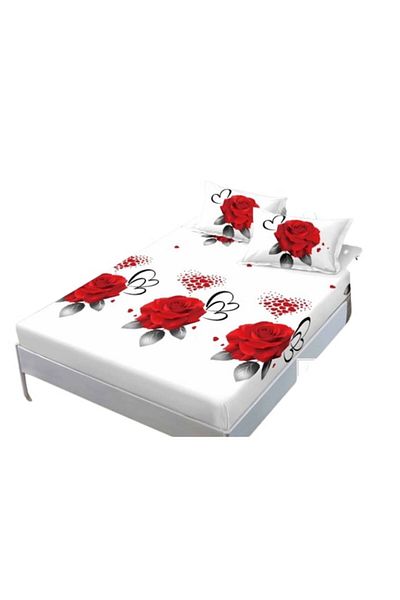 OEM Bed Sheet and Pillowcases, Finet, 3 Pieces, Single Person, 140x200cm, Rose Print, White-Red