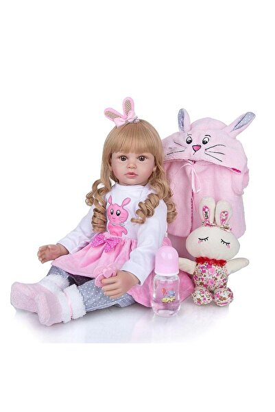 PROCART Păpușă bebeluș, înălțime 55 cm, aspect realist, jucărie iepuraș, biberon, suzetă, 3 ani+