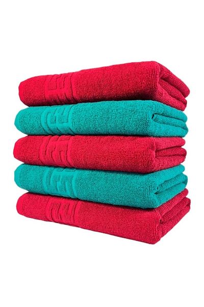 OEM Set 5 prosoape de baie, Bumbac, Bicolor, Bordura Greceasca, 500g/m², 70x140cm, Verde Inchis-Rosu
