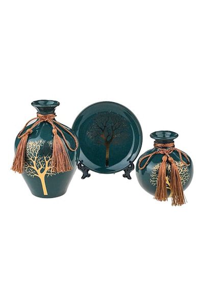 OEM Set ceramic cu două vaze și farfurie decorativă, model copac 26x17 cm