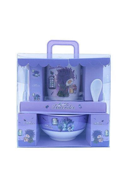 OEM Set 4 Pieces Ceramic Cup with Spoon and Bowl with Lavender, 19cm, Model1