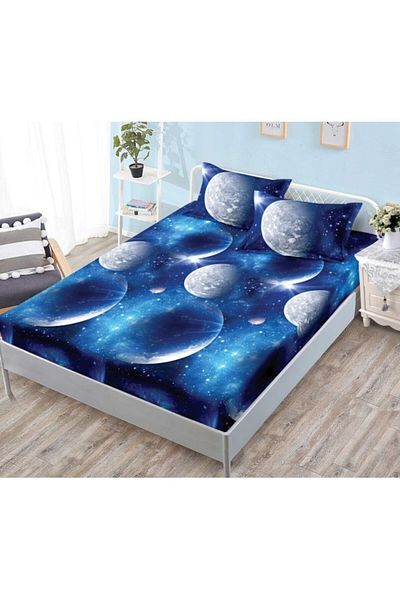OEM Elastic Bed Cover, 3 Pieces, Finet, 180x200cm, Planet Print, Navy Gray