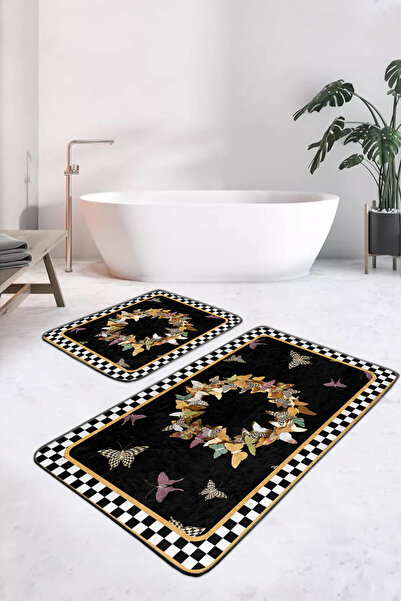 Realhomes مجموعة من 2 سجادة حمام قابلة للغسل بنمط فراشة صفراء-بنفسجية على خلف...