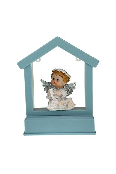 OEM Decorațiune înger cu căsuță, 14x17 cm, alb-albastru, rășină