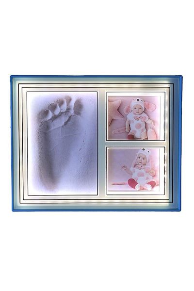 OEM Ramă foto dublă, plastic, LED, secțiune pentru bebeluși, albastră, 25x20 cm
