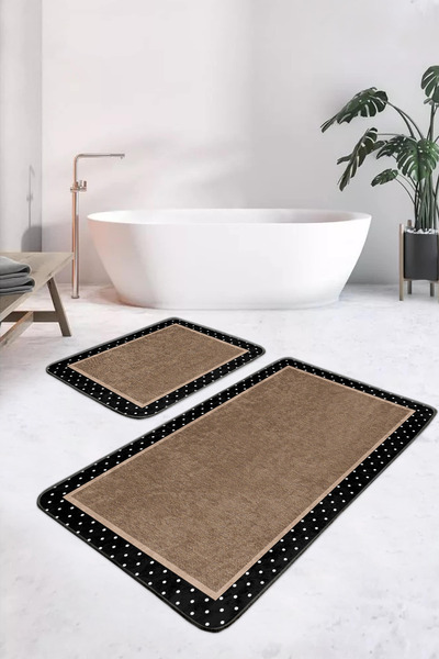 Realhomes مجموعة منشفة حمام قابلة للغسل بنمط منقط باللون الأسود والبيج مكونة من قطعتين وقاعدة غير قابلة للانزلاق