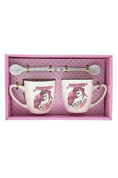 OEM Set ceramică, 2 căni și linguri, design unicorni, 23x14 cm, multicolor M1