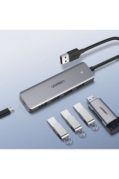 Ugreen Splitter de porturi USB HUB - 4x USB 3.2 cu port de alimentare Micro USB Gri