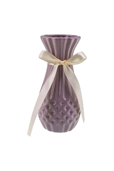OEM Vază ceramică cu dungi și romburi la bază, cu panglică, 9x20 cm, culoare piersică