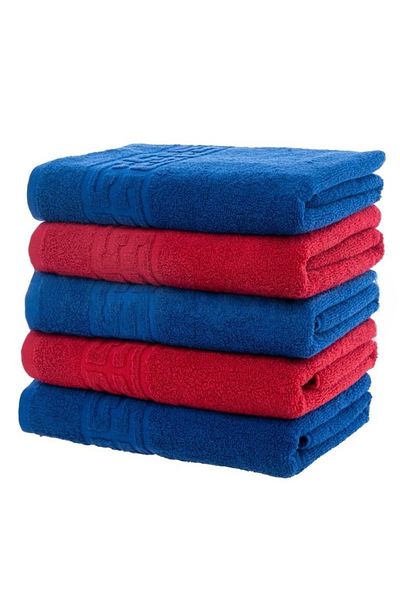 OEM Set 5 bath towels, Cotton, Two-tone, Greek border, 500g/m², 70x140cm, Blue-Red