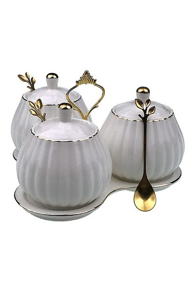 OEM Set de condimente din ceramică, 3 boluri cu lingură, 21x14cm, auriu alb