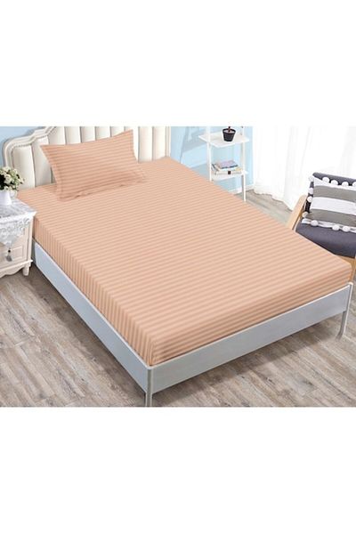 OEM Cearșaf de pat cu elastic și 2 fețe de pernă, Sonia-Home, Damasc, Simplu, Piersică, 90x200cm