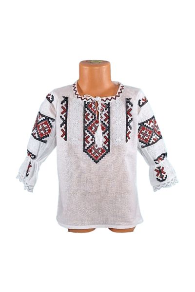 OEM Bluză tradițională, bumbac, pentru fete. Albă cu broderie geometrică roșu-negru, 6 ani