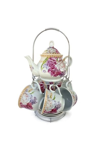 OEM Ceramic set with teapot, cups, plates, roses, and iron stand, 23x37 cm