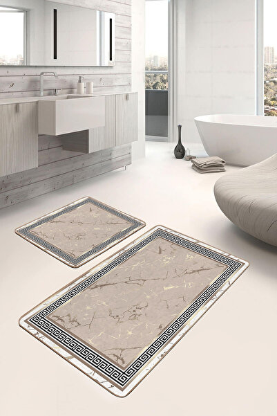 Realhomes مجموعة منشفة حمام قابلة للغسل بإطار أسود منقوشة باللون البيج الكريمي مكونة من قطعتين