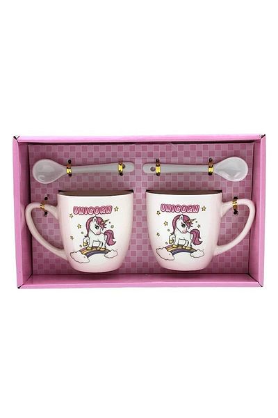 OEM Set din ceramica, 2 cani si lingurite, model unicorn, 23x14 cm, multicolor