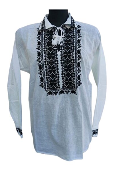 OEM Traditional Men's Embroidered Cotton Blouse, Black, Size XL