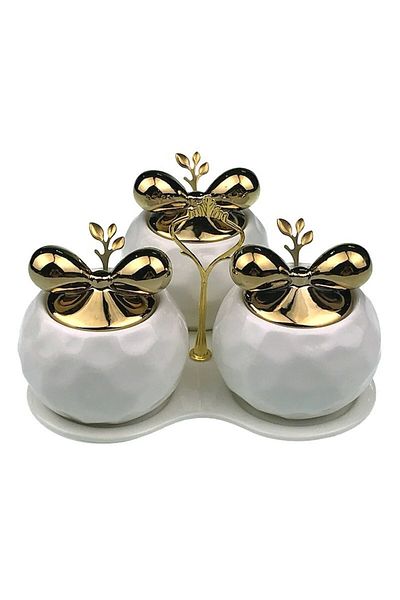 OEM Ceramic condiment set, 3 bowls with spoon, 22x12cm, white-gold
