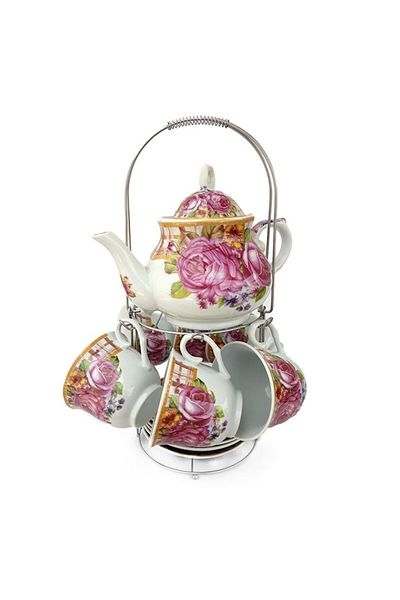 OEM Ceramic Set of Teapot with Six Cups and Saucers, Peonies Design, with Iron Stand, 23x37cm