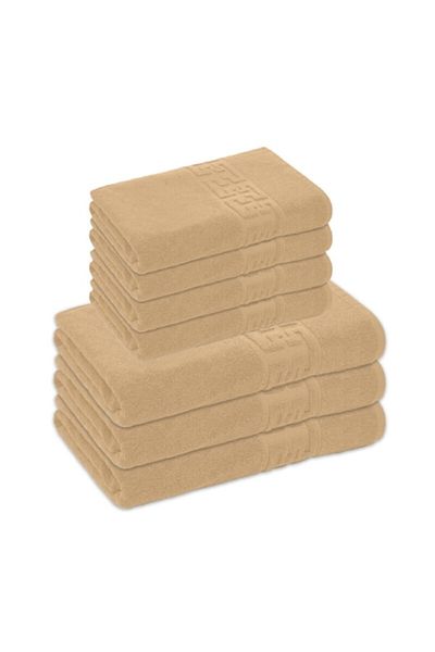 OEM Set 7 bath towels, Cotton, Greek Border, 500g/m², 30x50cm/50x90cm, Light Brown