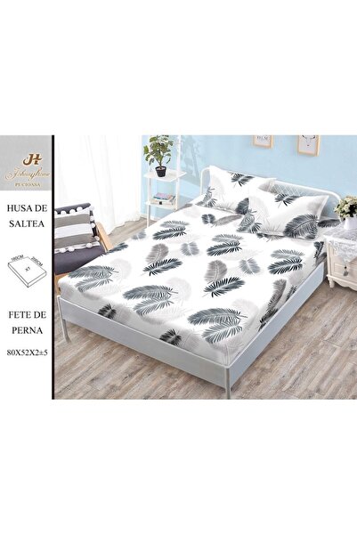 OEM Fitted Bed Sheet, 3 Pieces, Satin Cotton, 180x200cm, Feather Print, Gray-White