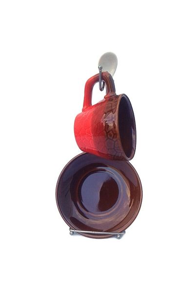 OEM Set ceramic cu ceașcă, farfurie și lingură pe suport metalic, 100 ml