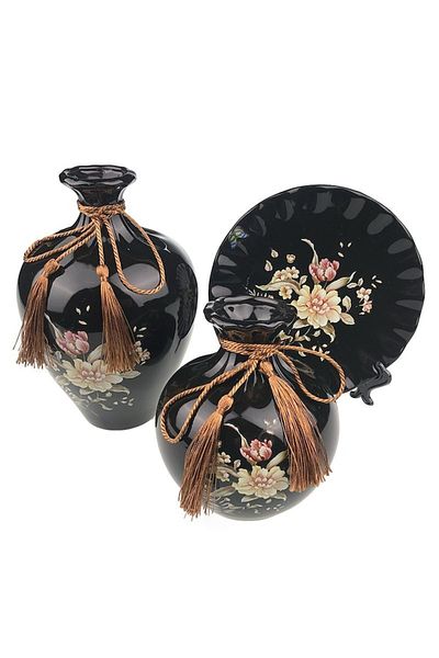 OEM Set din ceramica format din doua vaze de dimensiuni diferite si farfurie decorativa, cu flori desena
