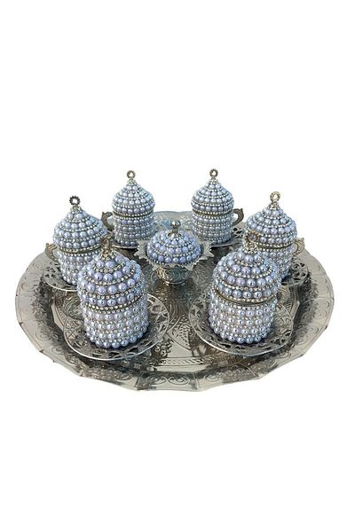 OEM Set din ceramica pentru ceai/ cafea format din sase cesti cu farfurii, zaharnita si tava, ornate cu