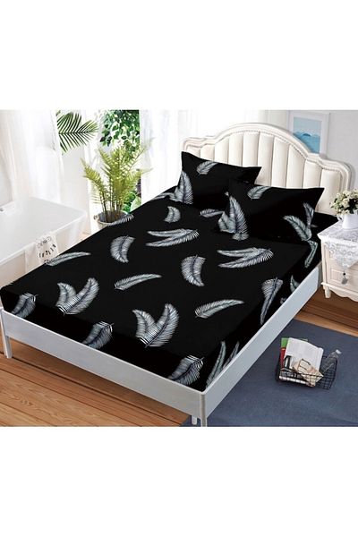 OEM Bed Sheet with Elastic, 3 Pieces, Satin Cotton, 180x200cm, Feather Print, Black-White