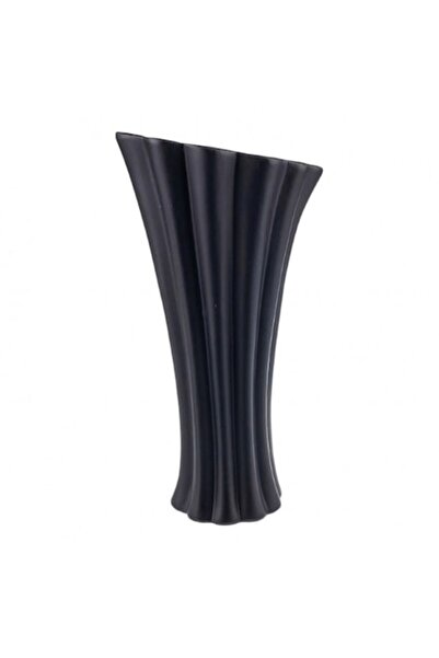 OEM Vază ceramică cu dungi, deschidere largă 17x33 cm neagră