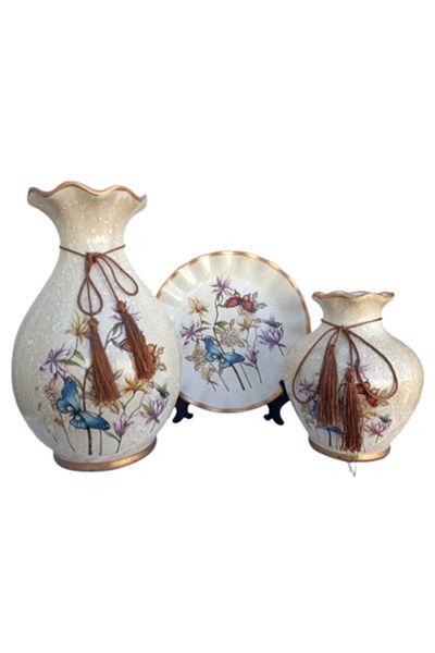 OEM Set din ceramica format din doua vaze cu snur si farfurie decorativa pe stativ, 45x32 cm
