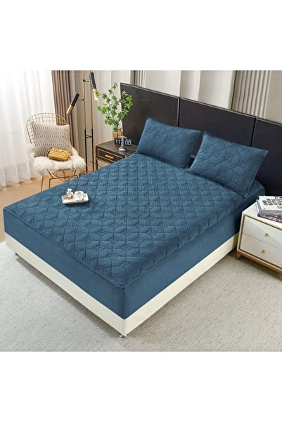OEM Bed Cover and 2 Pillowcases, Quilted Topper, Velvet, 140x200cm, Navy Blue