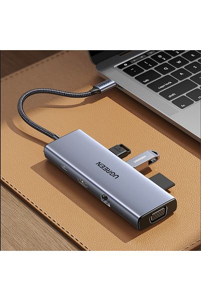 Ugreen Adaptor HUB USB-C - 3x USB-A 3.0 / HDMI / VGA / RJ45 / SD / cititor card TF / USB-C PD - gri