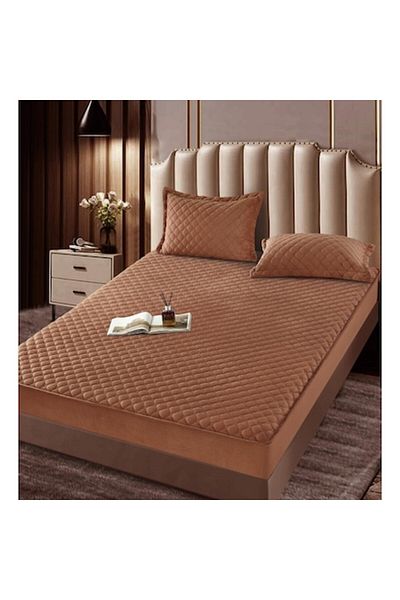 JOJO HOME Husa de pat si 2 fete de perna, Jojo Home, Catifea, Model Romburi, Topper Matlasat, 160x200cm, Maro