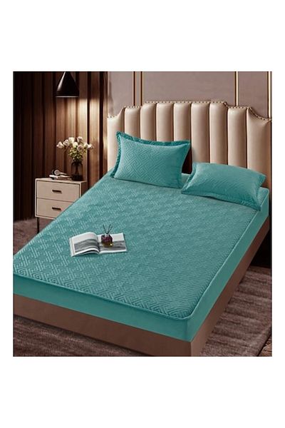 JOJO HOME Bed Cover and 2 Pillowcases, Jojo Home, Velvet, Abstract Design, Quilted Topper, 160x200cm, Turquois