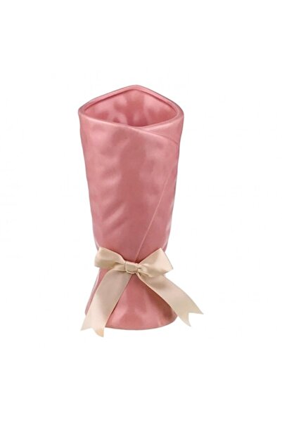 OEM Vază ceramică în formă de cornet cu fundă la bază 11x24 cm roz