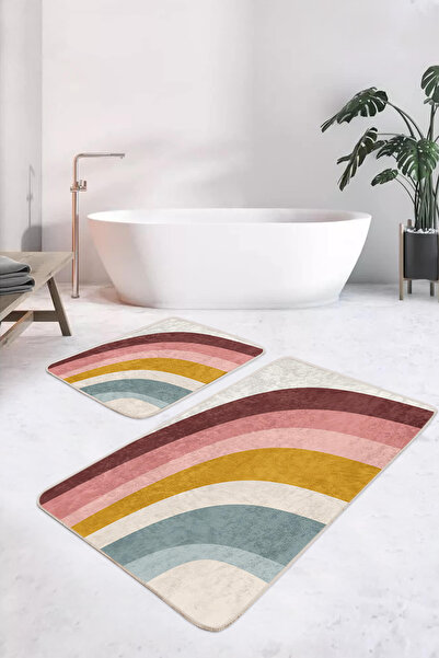 Realhomes مجموعة سجادة حمام قابلة للغسل بنمط خطي أصفر وأزرق مكونة من قطعتين وقاعدة غير قابلة للانزلاق