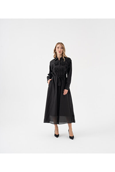 SERPİL 3D Çiçek Aplikeli Kuşaklı Gömlek Elbise