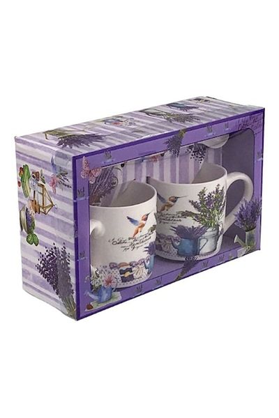 OEM Set de două cești cu lingurițe decorate cu lavandă