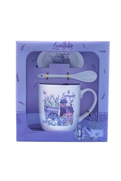 OEM Cană ceramică cu lingură și capac, lavandă, 150ml, Model2