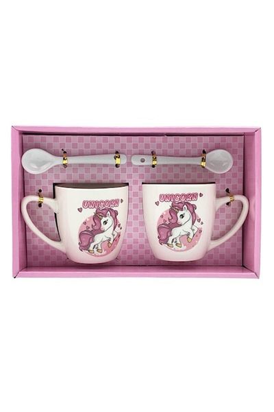 OEM Set ceramică, 2 căni și linguri, design unicorni, 23x14 cm, multicolor M1