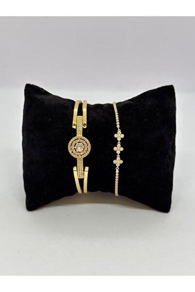 Constanza Exclusive 22 Ayar Altın Kaplama Yuvarlak Baget Taşlı Kelepçe ve Özel Tasarım Su Yolu Bileklik 567