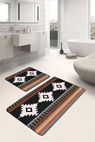 Realhomes مجموعة منشفة حمام قابلة للغسل بنمط عرقي أسود وأبيض وعنابي وبني مكونة من قطعتين