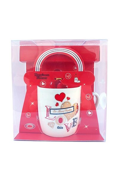 OEM Ceramic mug with hearts, packaged in a box with carton, bag style, 16cm, M3