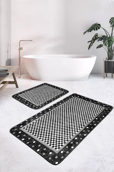 Realhomes Black-White Checkered Polka Dot Patterned 2-Piece Non-Slip Base Washable Bath Mat Set