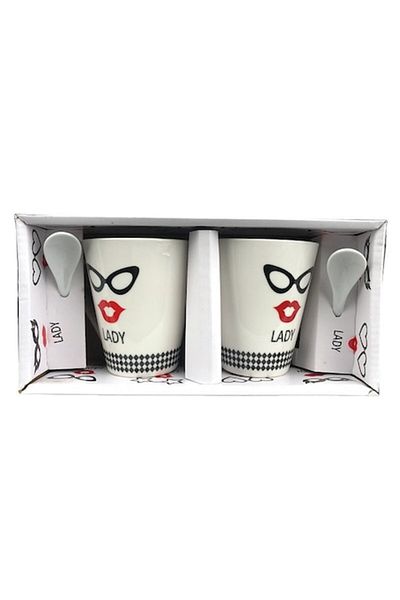 OEM Set de două cești cu lingurițe cu textul „Lady”, ceramică, 23x11 cm
