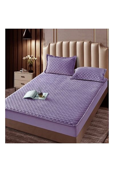 JOJO HOME Husa de pat si 2 fete de perna, Jojo Home, Catifea, Model Matlasat, 180x200cm, Mov