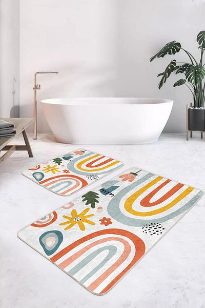 Realhomes Orange Blue Retro Striped Floral 2-Piece Non-Slip Base Washable Bath Mat Set